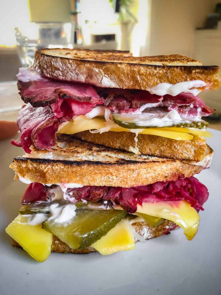 vegan reuben sandwich with pastrami slices