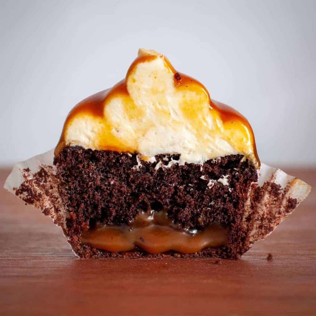 cross section of vegan caramel cupcake