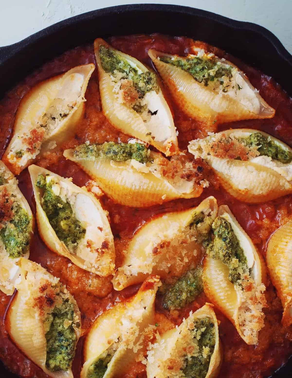 Vegan Ricotta Stuffed Pasta Shells with Chive Pesto - School Night Vegan