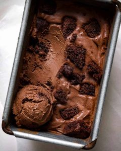 vegan chocolate ice cream with fudge cake