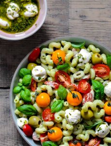 tomato salad with vegan mozzarella balls