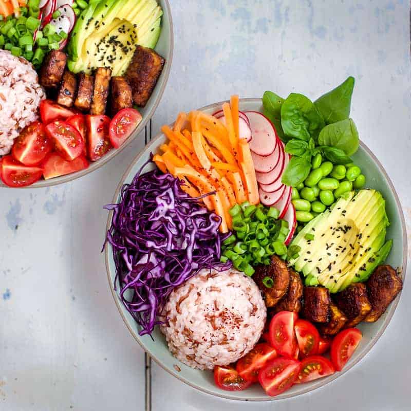 vegan rice bowl with hoi sin tempeh