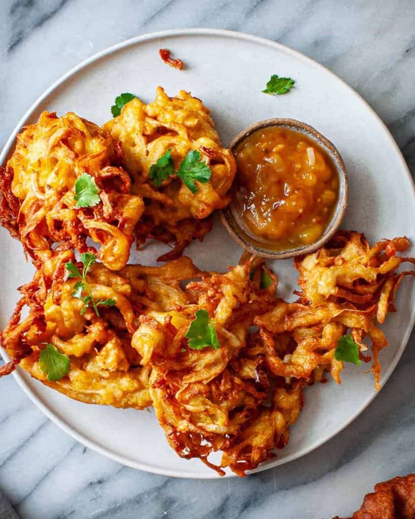 vegan onion bhajis with mango chutney