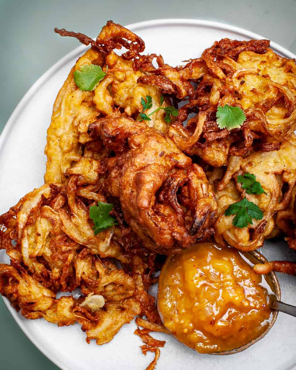Vegan onion bhaji recipe in a pile