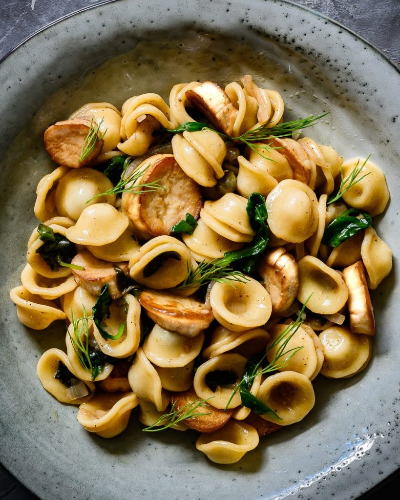 vegan scallop pasta with spinach and capers