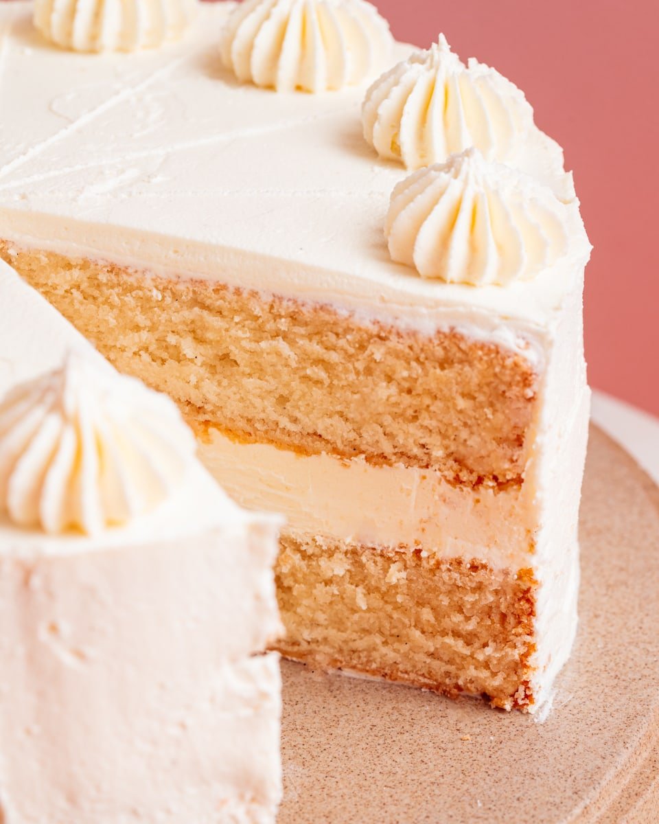 vegan vanilla buttercream frosting on a birthday cake