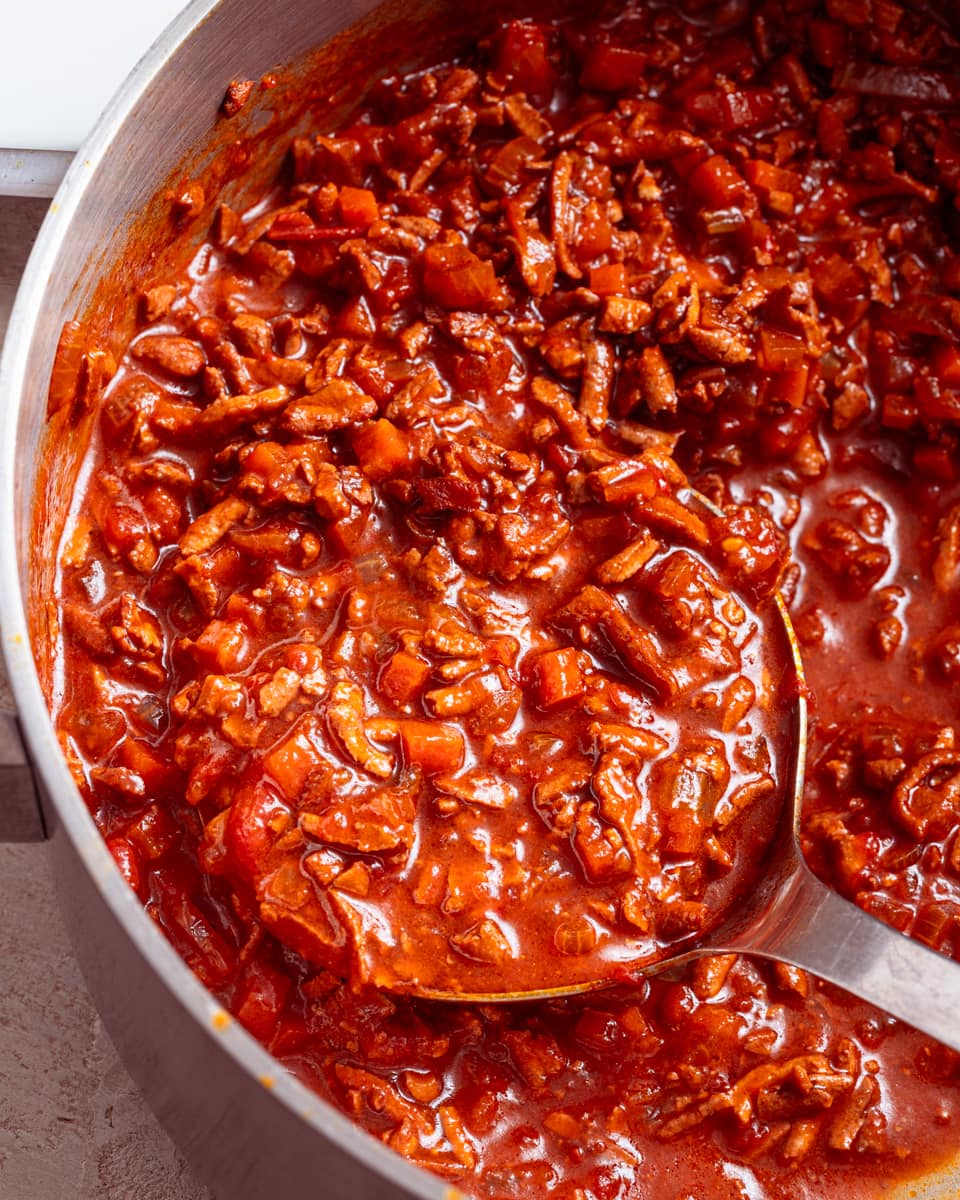 Tofu ground beef in a bolognese sauce