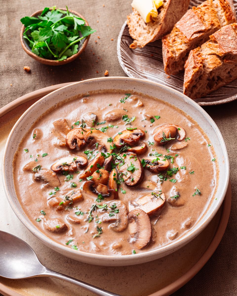 bowl of vegan mushroom soup