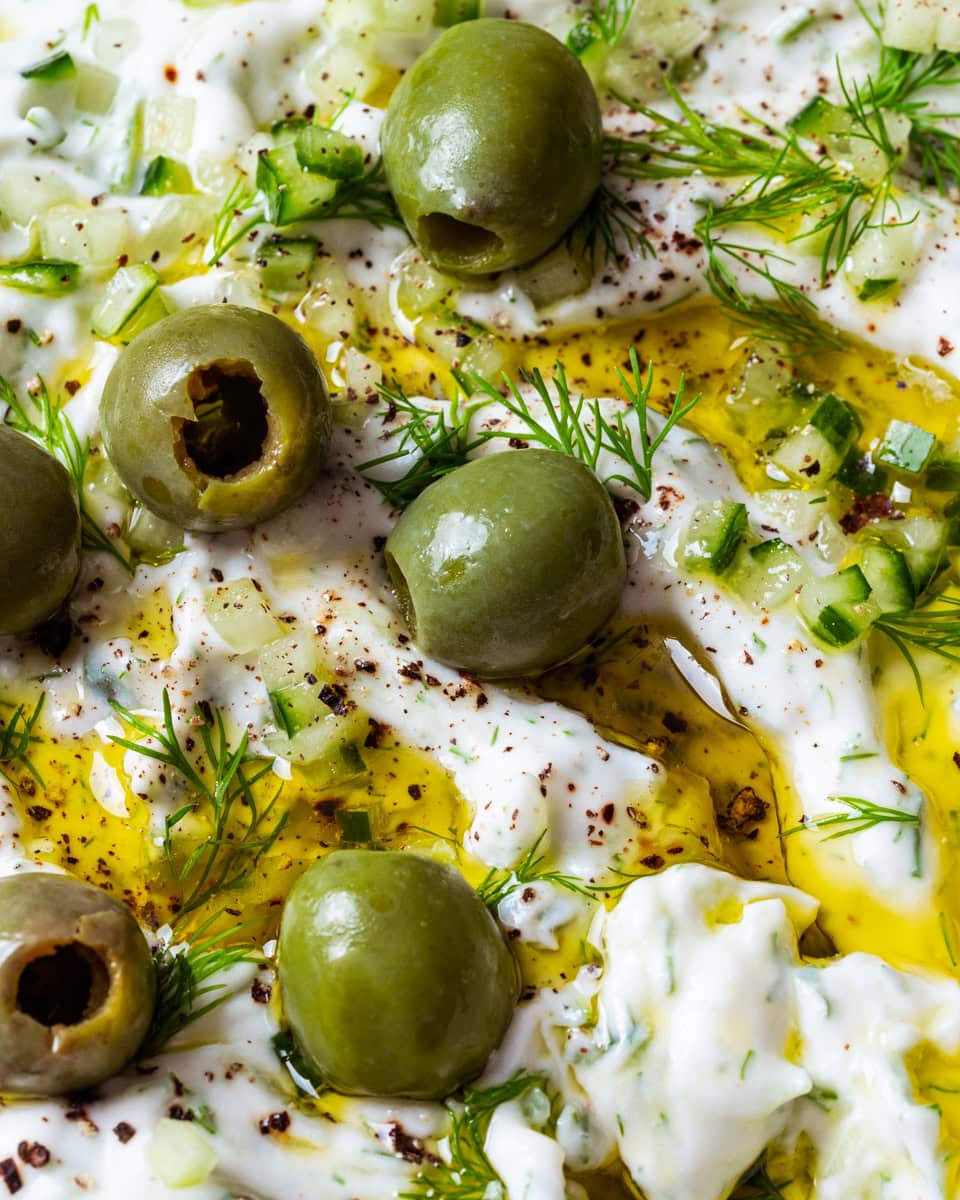 vegan tzatziki with olives