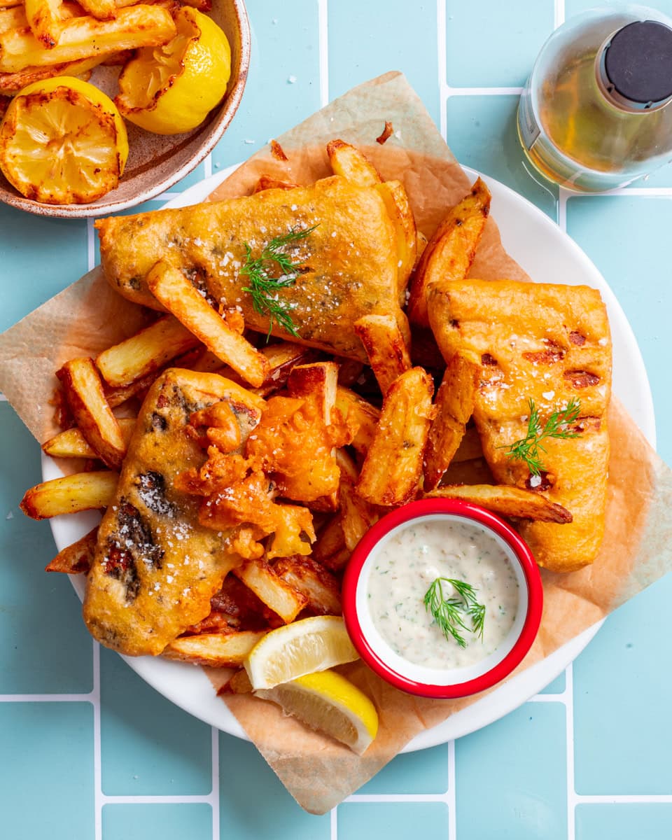 Vegan Fish and Chips on a plate