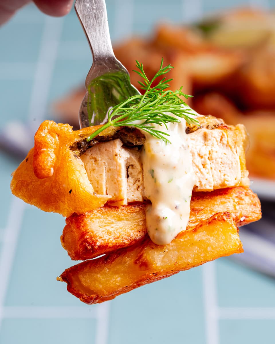 Vegan Fish and Chips on a fork