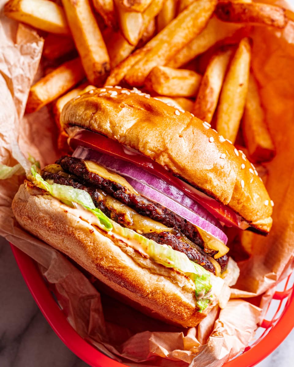 Vegan Smash Burger with fries