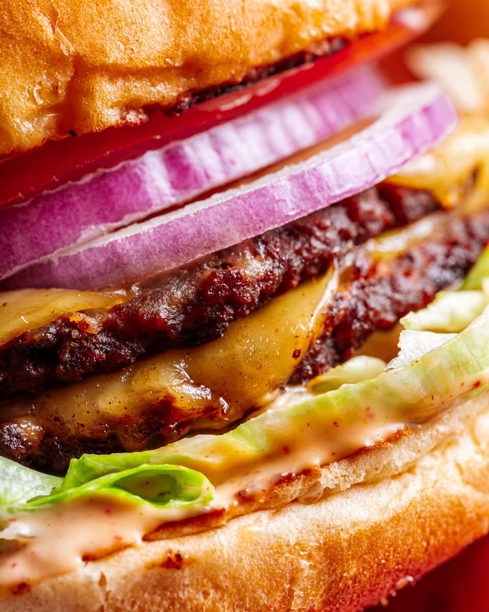 closeup of Vegan Smash Burger