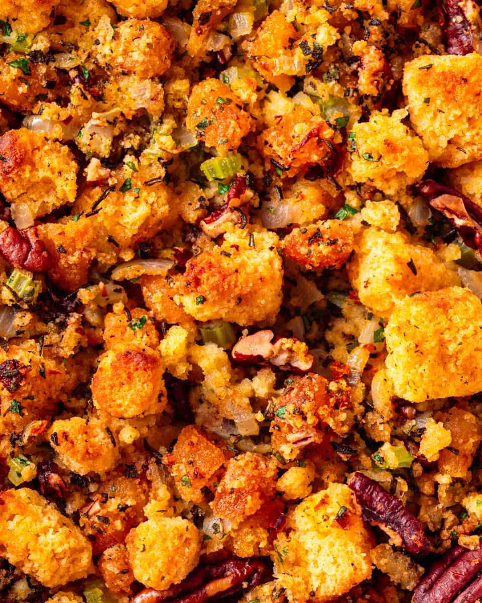 top-down view of some vegan cornbread stuffing