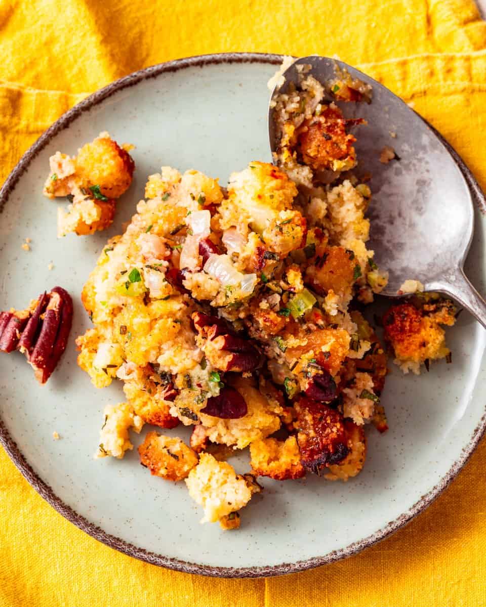 a portion of vegan cornbread stuffing