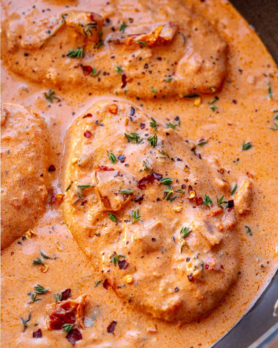 A pan of tofu in creamy tomato sauce