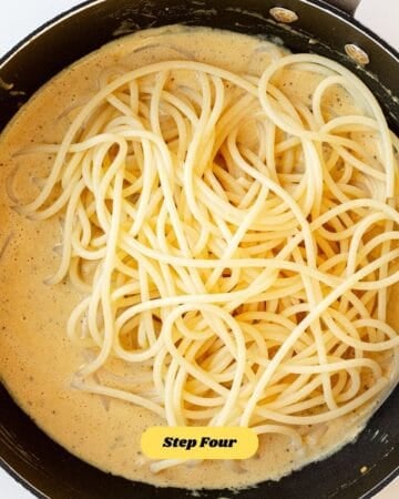 Step four of the recipe, combining the sauce and pasta