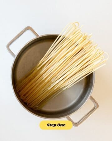 Step one of the recipe, which involves cooking the pasta