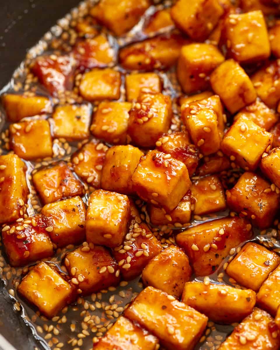 Sticky Sesame Tofu in a frying pan