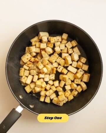 Step one of this recipe: fry the tofu